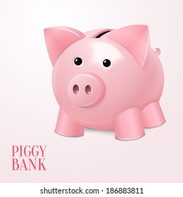 Funny pink ed piggy bank money box saving symbol poster vector illustration