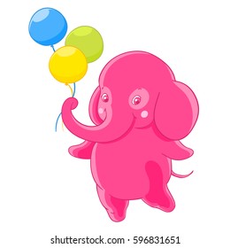 Funny pink elephant gives the three balloons.