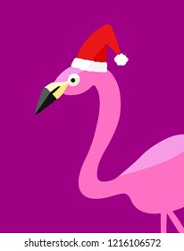 funny pink flamingo Christmas illustration with bird wearing a santa claus hat in minimalistic design, fun animal humor design