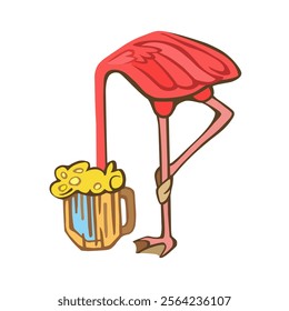 Funny pink flamingo with phone. Vector doodle graphic. Illustration for fashion design.