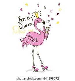 Funny Pink Flamingo With Phone. Vector Doodle Graphic. Illustration For Fashion Design.