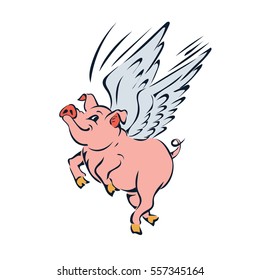 Funny Pink Flying Pig With Wings Vector