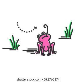 Funny pink frog catching fly with its tongue. Cartoon character. Concept illustration for design. Simple vector sign, icon. 