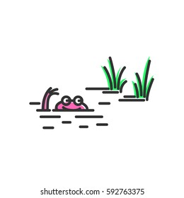 Funny pink frog floating. Cartoon character. Concept illustration for design. Simple vector sign, icon. 