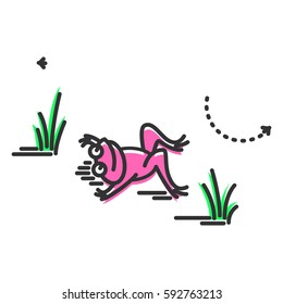 Funny pink frog lying in a swamp. Cartoon character. Concept illustration for design. Simple vector sign, icon. 