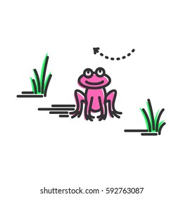 Funny pink frog smiles. Cartoon character. Concept illustration for design. Simple vector sign, icon. 