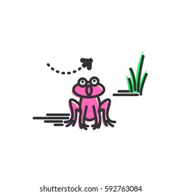 Funny pink frog surprised by seeing big fly. Cartoon character. Concept illustration for design. Simple vector sign, icon. 