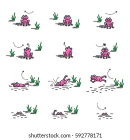 Funny pink frogs set. Emotions, positions and activity. Cartoon character. Concept illustration for design. Simple vector sign, icon. 