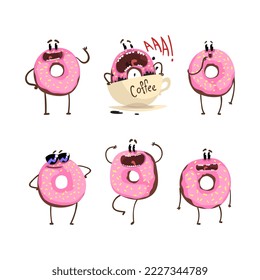 Funny pink glazed donut characters set cartoon vector illustration