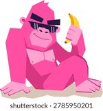 Funny pink gorilla cartoon character wearing sunglasses and holding a banana. Bright colorful monkey illustration in playful style for stickers, kids design, mascot, greeting cards, posters and fun creative projects. Vector illustration isolated on white background.