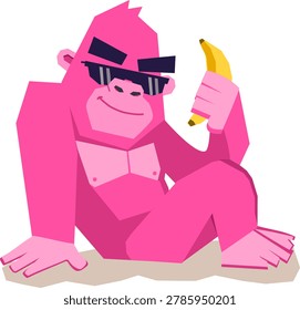Funny pink gorilla cartoon character wearing sunglasses and holding a banana. Bright colorful monkey illustration in playful style for stickers, kids design, mascot, greeting cards, posters and fun creative projects. Vector illustration isolated on white background.