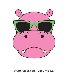 Hipopótamo rosa engraçado usando óculos de sol verdes - desenho animado animal rosto ilustração perfeito para desenhos infantis, gráficos de verão brincalhão, arte com temas animais, impressões de jardim de infância e projetos de mercadorias peculiares