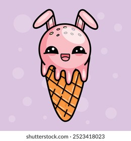 Funny pink ice cream with bunny ears. Vector illustration in Kawaii style.