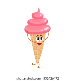 Funny pink ice cream character in wafer cone, cartoon style vector illustration isolated on white background. Cute smiley pink ice cream character with eyes and legs