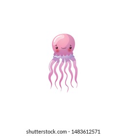 Funny pink jellyfish. Underwater creature. Raster illustration in the flat cartoon style.