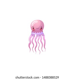 Funny pink jellyfish. Underwater creature. Raster illustration in the flat cartoon style.
