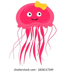 Funny pink jellyfish with a yellow bow. Vector isolated on white background.