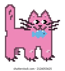Funny pink kitten with a fish in his teeth, pixel graphics. A cartoon character in a flat style. A cat in the style of computer games of the 90s.