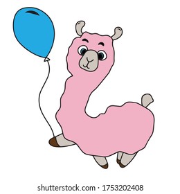 Funny pink llama with a balloon .Humorous greeting card, banner, hand-drawn printing style. Vector illustration
