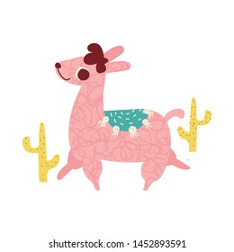 Funny pink llama and cactus. Kids cute print. Vector hand drawn illustration.