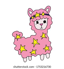 Funny pink llama with stars.Humorous greeting card, banner, hand-drawn printing style. Vector illustration