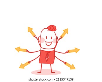 funny pink man with arrows , multitasking