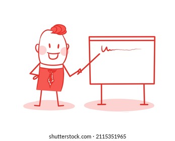 funny pink man with a pointer in his hand points at the board