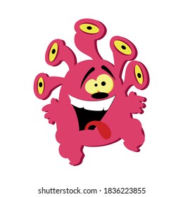 Funny pink monster with group of eyes isolated on white. Illustration crazy active goblin and monster, cartoon goofy toy, gremlin clipart mascot vector