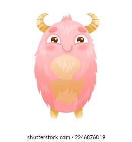 Funny Pink Monster with Happy Smiling Face and Fluffy Body Vector Illustration