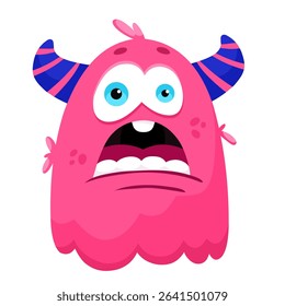 Funny pink monster with horns, children's character, print