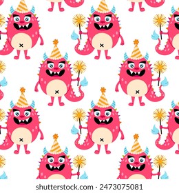 Funny pink monster with sparkler in flat style on a white background. Kids cartoon character. Birthday background. Pattern for textile, wrapping paper, background.