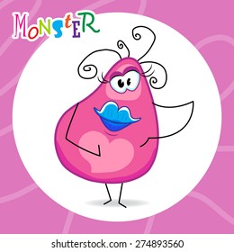 Funny pink monster-female with cute face. Vector illustration