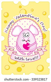 Funny pink mouse holds a heart. Design for a card on the day of St. Valentine.