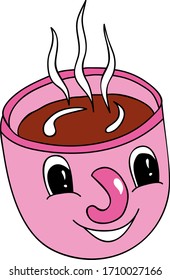 funny pink mug with the eyes of a fragrant hot invigorating drink