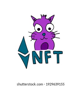 Funny pink NFT crypto cat animal. Non fungible token sign. Hand drawn comic illustration.