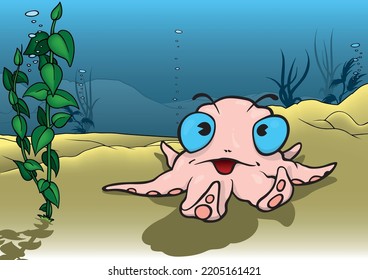 Funny Pink Octopus with Blue Eyes - Colored Cartoon Illustration with Background, Vector