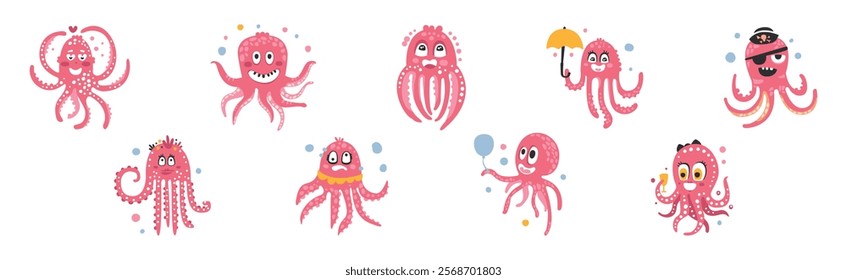 Funny Pink Octopus Character with Tentacles and Smiling Face Vector Set