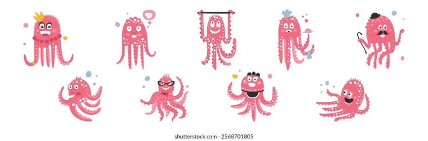 Funny Pink Octopus Character with Tentacles and Smiling Face Vector Set