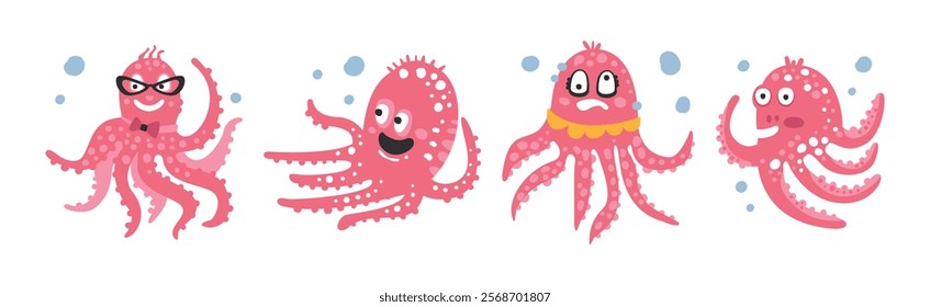 Funny Pink Octopus Character with Tentacles and Smiling Face Vector Set