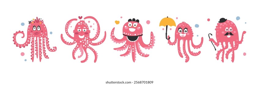 Funny Pink Octopus Character with Tentacles and Smiling Face Vector Set