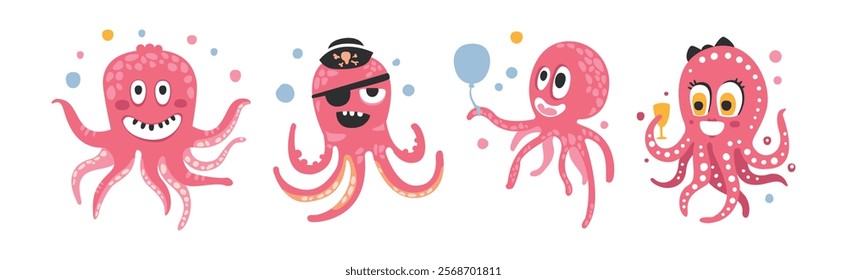 Funny Pink Octopus Character with Tentacles and Smiling Face Vector Set