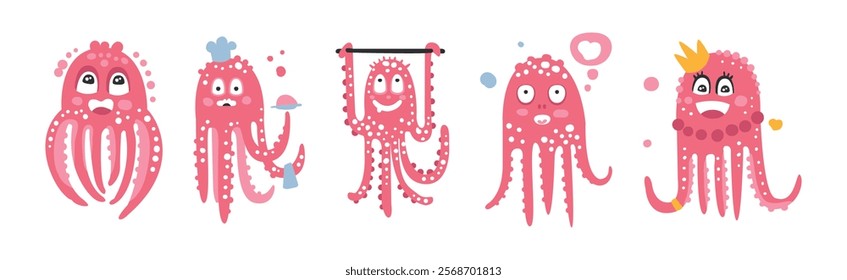 Funny Pink Octopus Character with Tentacles and Smiling Face Vector Set