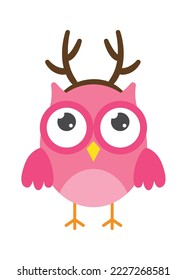 Funny pink owl in reindeer antlers headdress flat icon