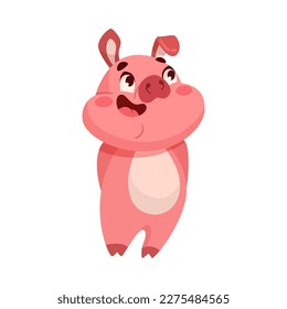 Funny Pink Pig Animal Enjoying and Cheering with Happy Smiling Snout Vector Illustration