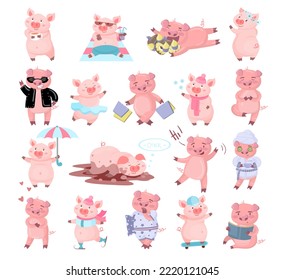 Funny Pink Pig Character Engaged in Different Activity Big Vector Set