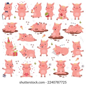 Funny Pink Pig Character Engaged in Different Activity Vector Set