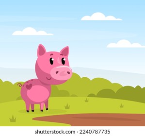 Funny Pink Pig Character Grazing on Green Meadow or Pasture on the Farm Vector Illustration