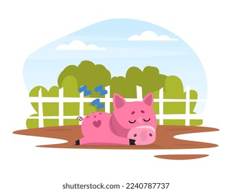 Funny Pink Pig Character Lying in Mud Puddle on Barnyard Vector Illustration