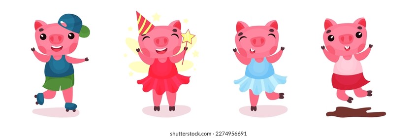 Funny Pink Pig with Cute Snout Engaged in Different Activity Vector Set