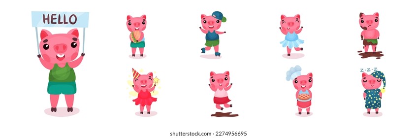 Funny Pink Pig with Cute Snout Engaged in Different Activity Vector Set